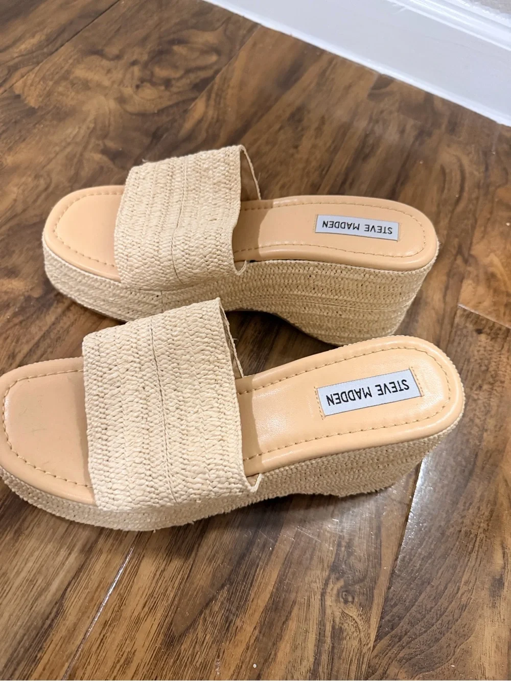Steve Madden Beige Woven Espadrille Platform Slides